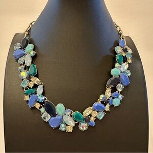 New J. Crew Statement Necklace gold tone w/ shades of Blues & AB jewels